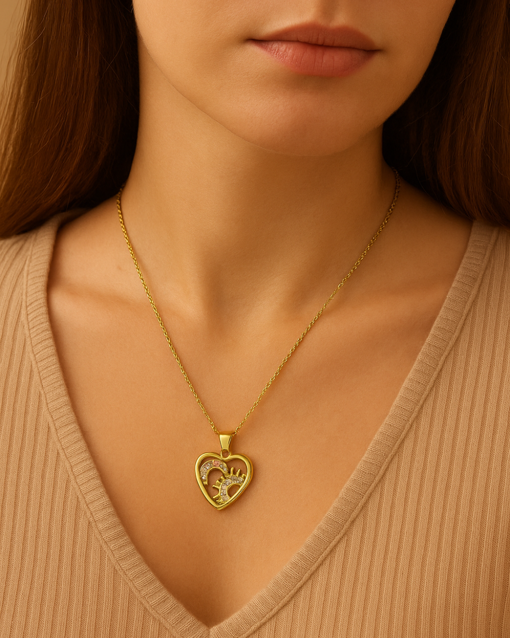 Gold-Toned Heart Pendant Necklace with Sun & Moon CZ Design