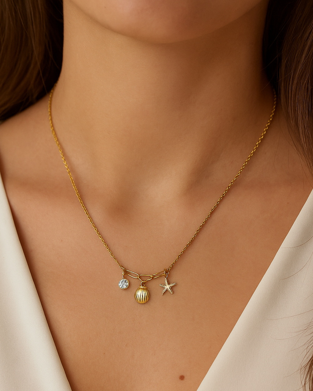 Ocean-Inspired Gold Charm Necklace – Seashell, Starfish & CZ Pendant