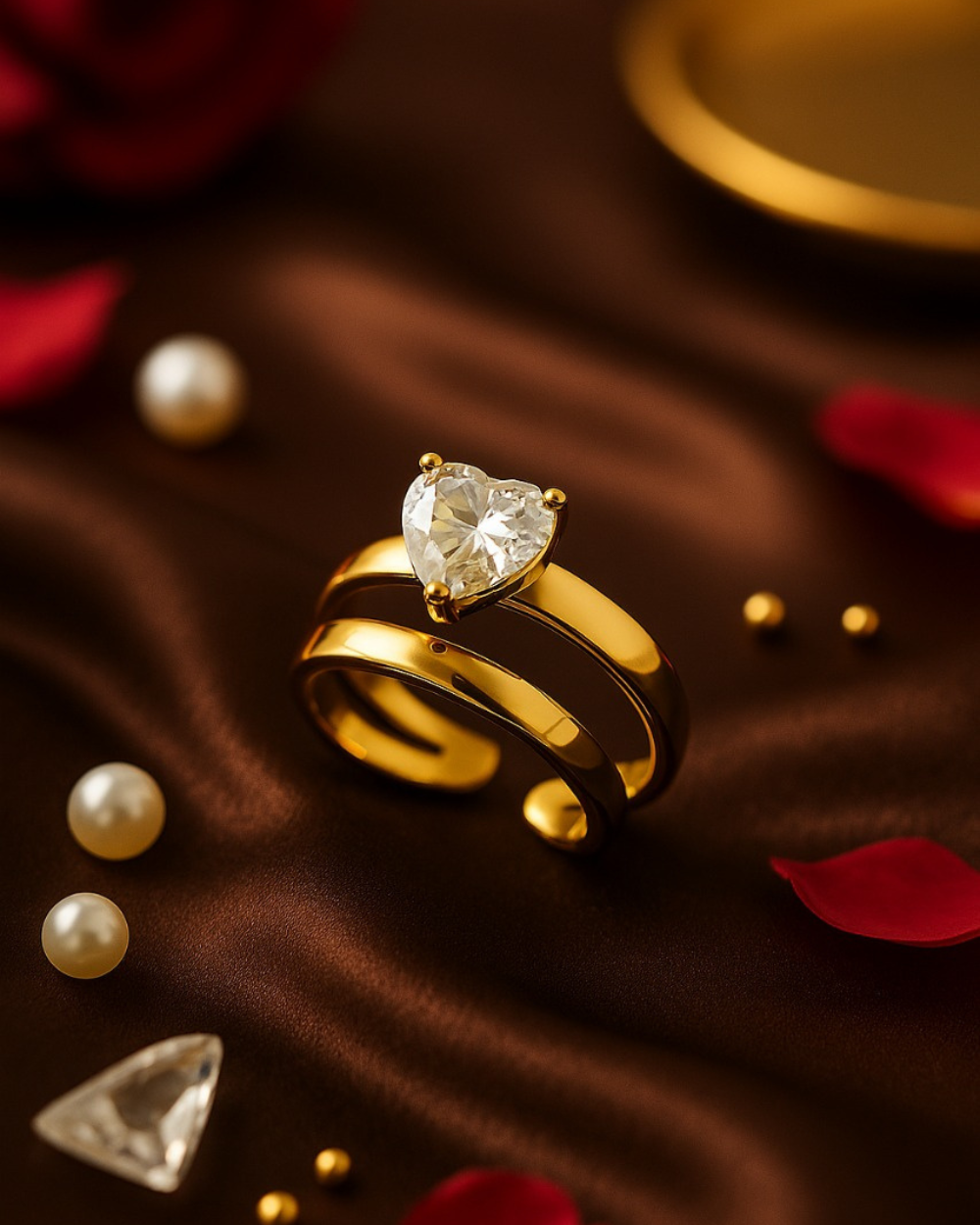 Shiny Anti-Tarnish Cocktail Ring Heart Crystal with Gold Band