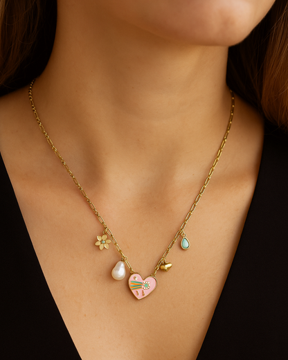 Trendy Charm Necklace With Heart, Pearl, Flower & Turquoise Pendants