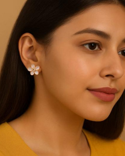 Pink Floral Stud Earrings with Crystals