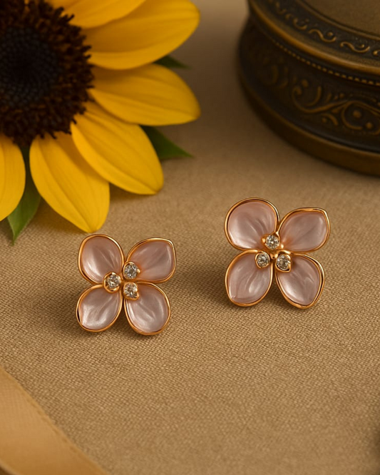 Pink Floral Stud Earrings with Crystals