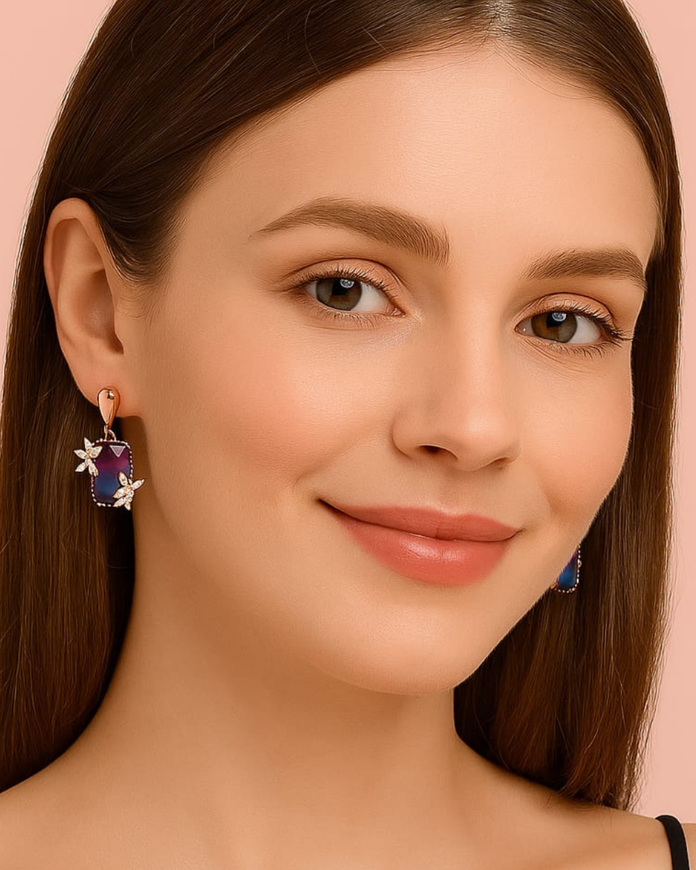 Elegant Blue Crystal Drop Earrings with Floral Accents