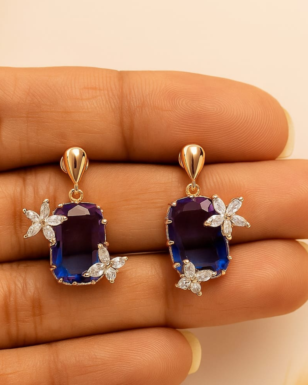 Elegant Blue Crystal Drop Earrings with Floral Accents