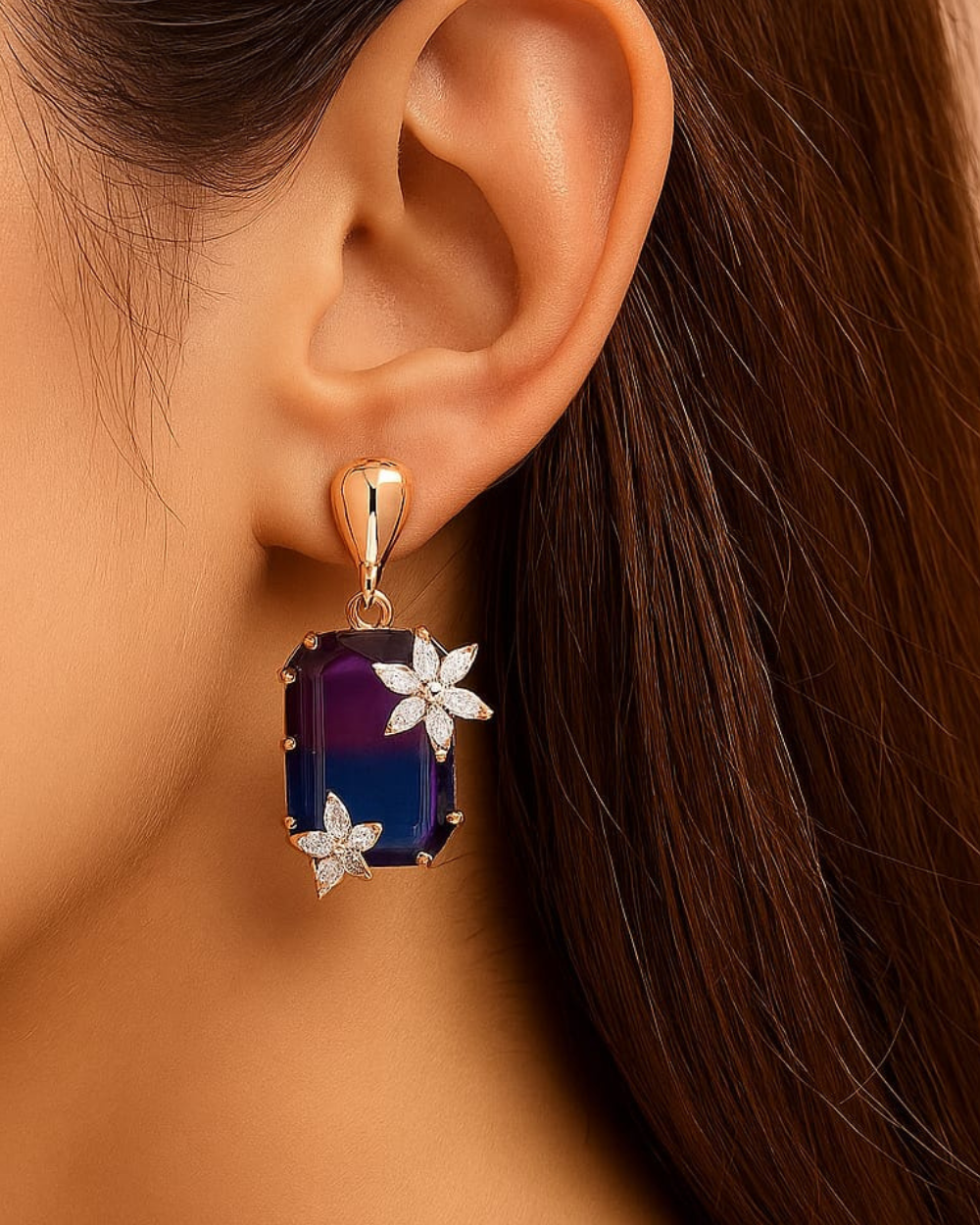 Elegant Blue Crystal Drop Earrings with Floral Accents