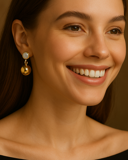 Elegant White Stone & Glossy Gold Drop Earrings