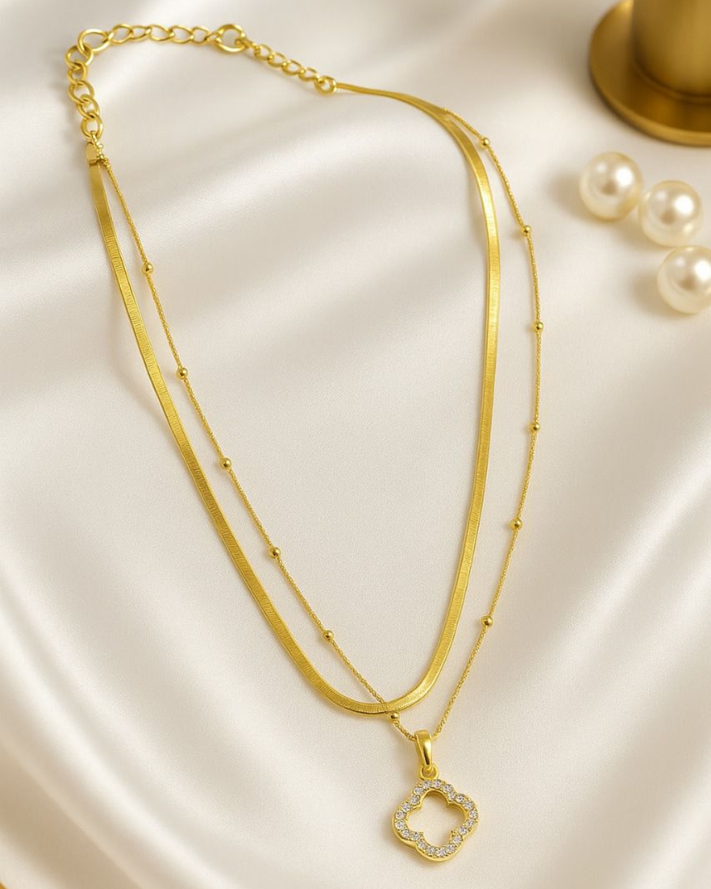 Gold Layered Necklace with Floral Pendant
