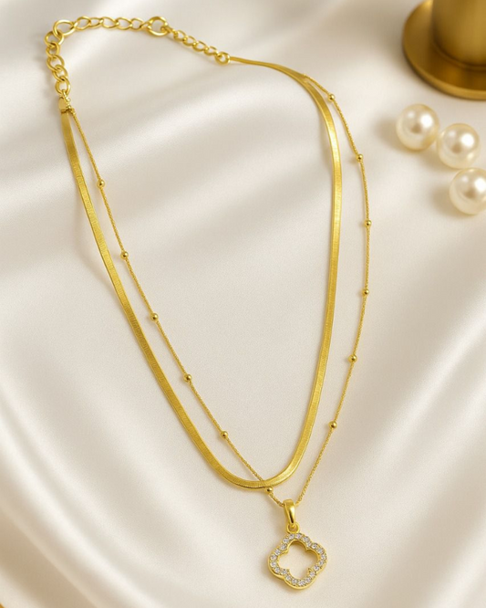 Gold Layered Necklace with Floral Pendant