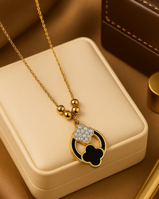 Luxury Pendant Necklace with Black & Crystal Clover Design