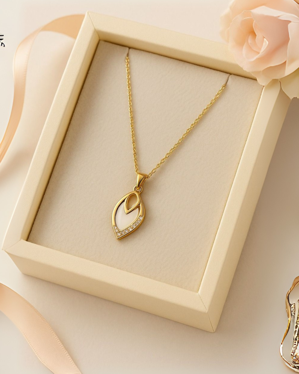 Classic Elegant Leaf Pendant Necklace with White Enamel