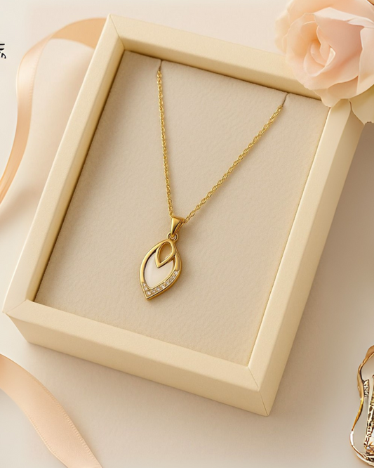Classic Elegant Leaf Pendant Necklace with White Enamel
