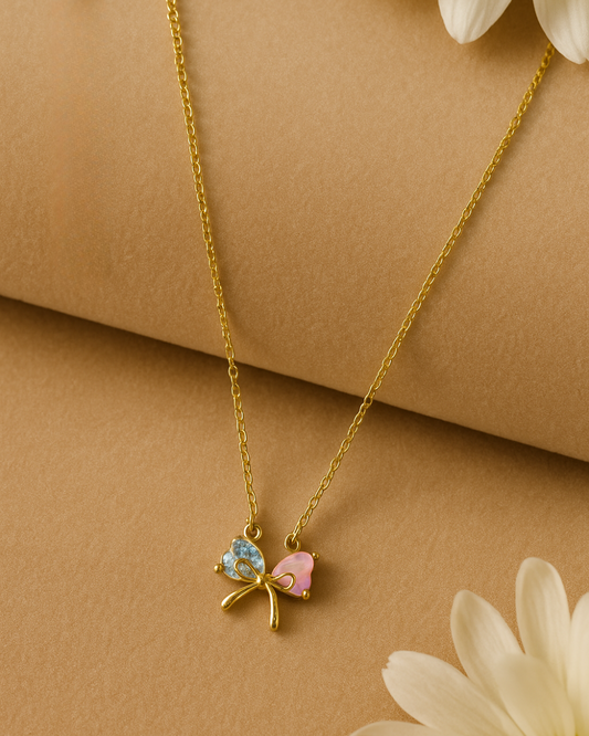 Gold-Toned Butterfly Bow Pendant Necklace with Pink Enamel & CZ – Anti-Tarnish