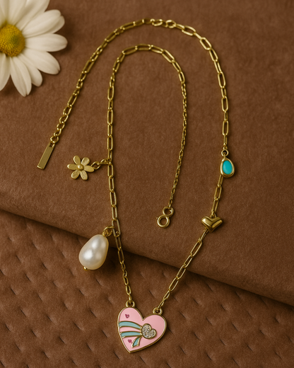 Trendy Charm Necklace With Heart, Pearl, Flower & Turquoise Pendants