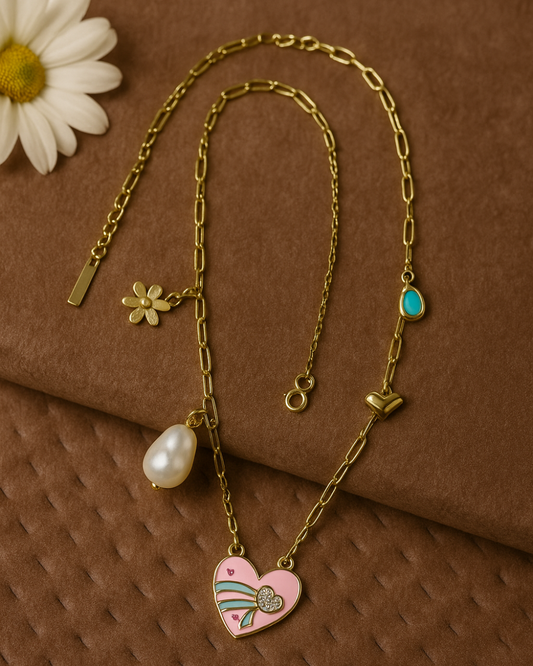 Trendy Charm Necklace With Heart, Pearl, Flower & Turquoise Pendants