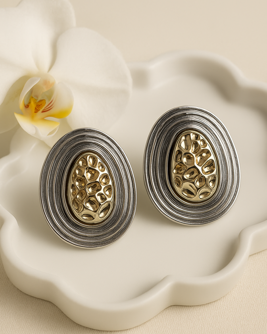 Elegant Silver & Gold Oval Stud Earrings