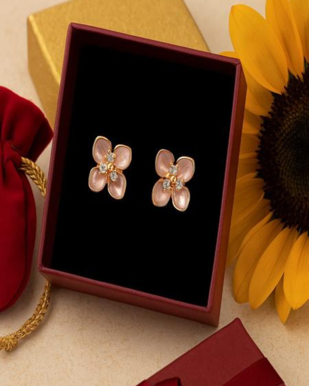 Pink Floral Stud Earrings with Crystals