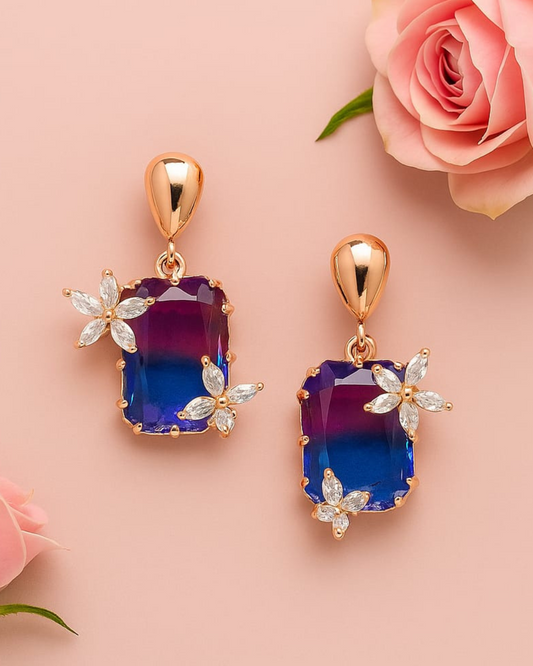 Elegant Blue Crystal Drop Earrings with Floral Accents