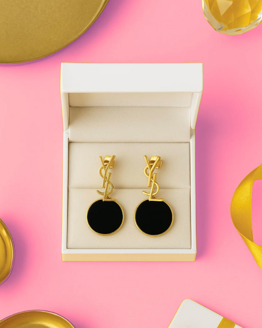 Elegant Round Black Dangle Earrings with Letter Charm