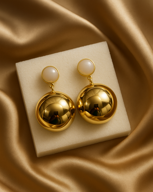 Elegant White Stone & Glossy Gold Drop Earrings