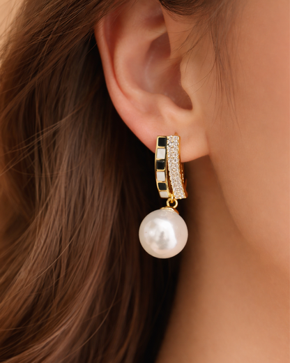 Gold Pearl Drop Earrings with CZ & Enamel Design