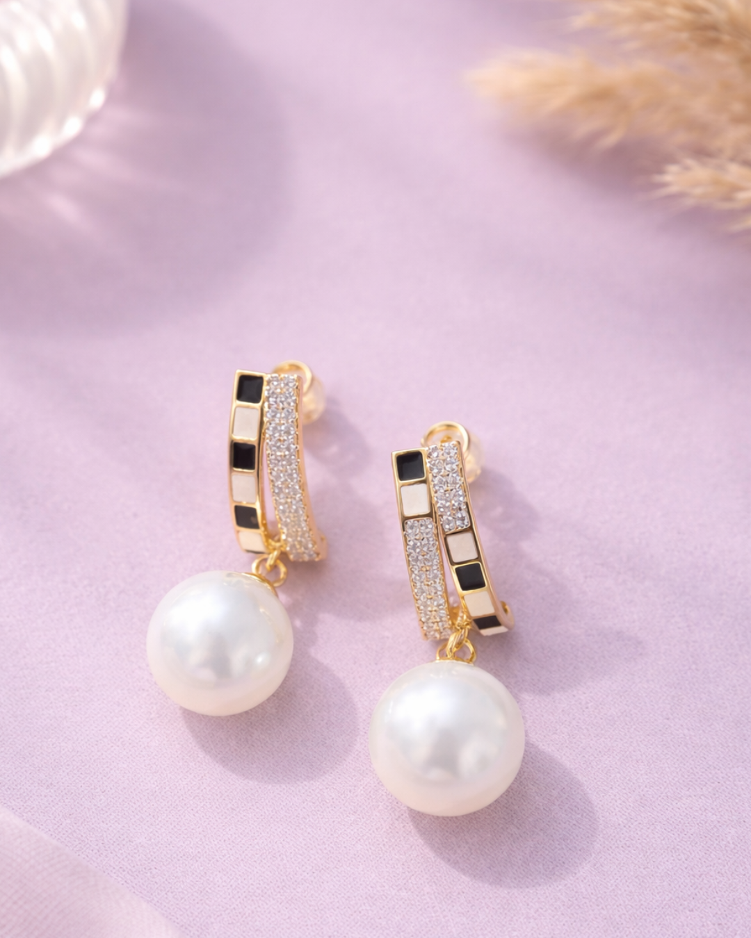 Gold Pearl Drop Earrings with CZ & Enamel Design