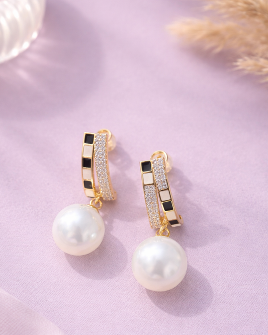 Gold Pearl Drop Earrings with CZ & Enamel Design
