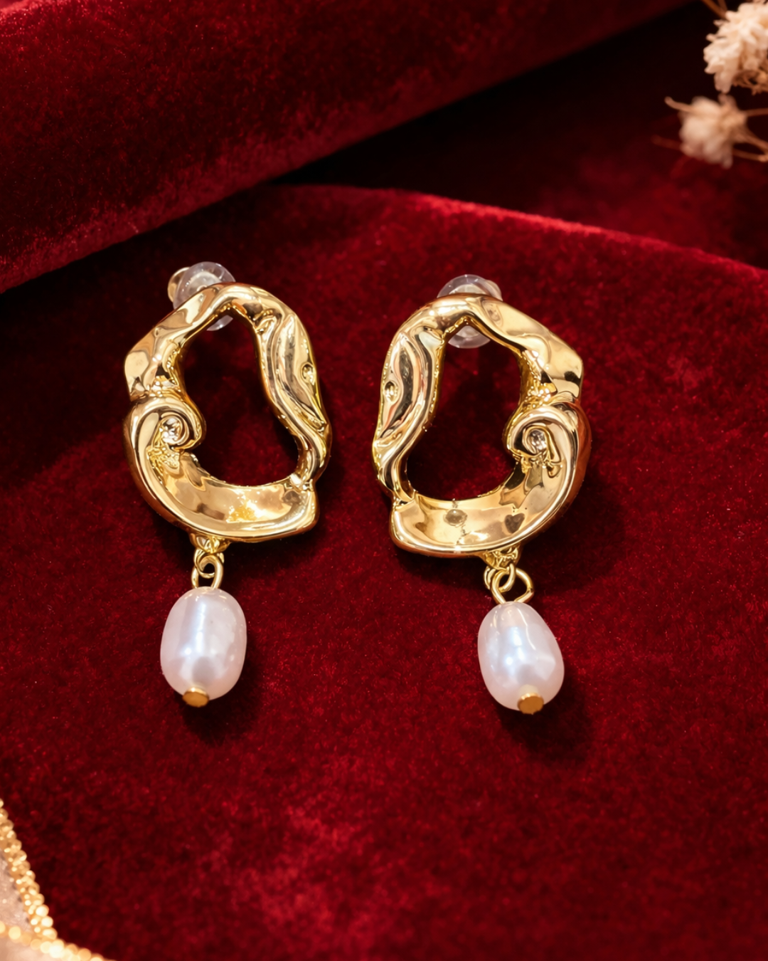 Gold Abstract Pearl Drop Earrings