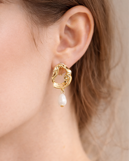 Gold Abstract Pearl Drop Earrings