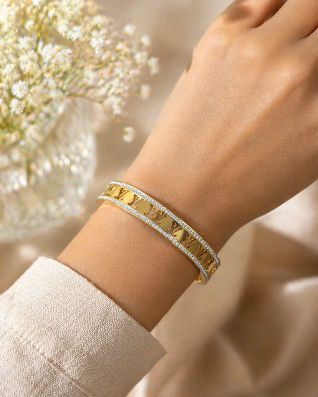 Luxury Engraved Bracelet with Crystal Detailing
