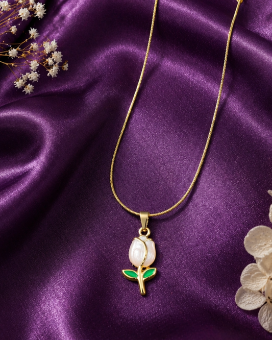 Elegant Gold Floral White Rose Pendant Necklace