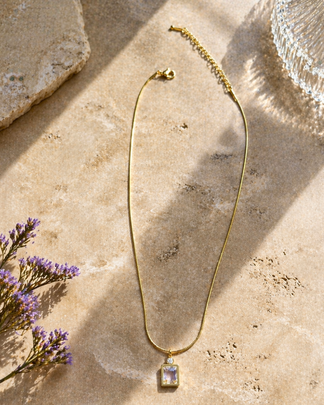 Gold Plated Rectangle Crystal Pendant Necklace