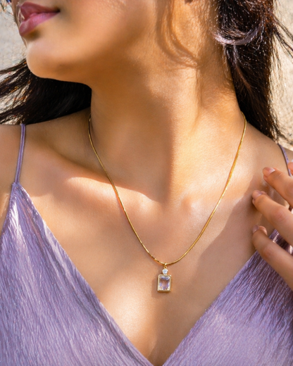 Gold Plated Rectangle Crystal Pendant Necklace