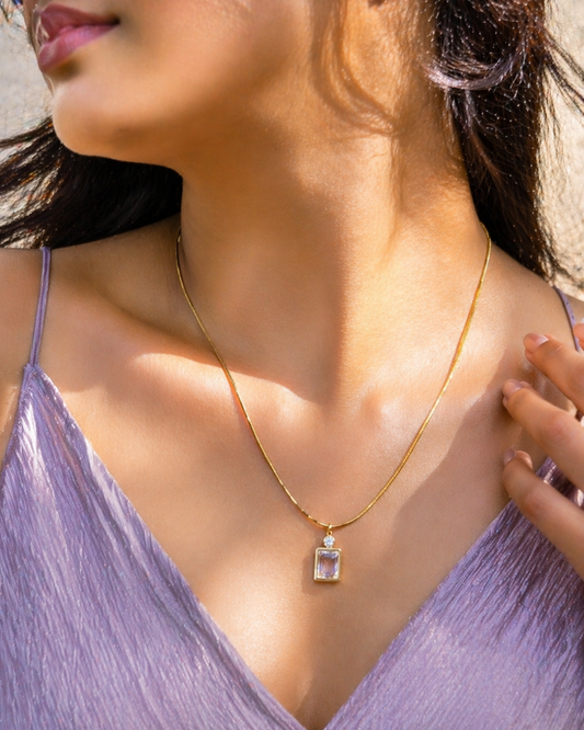 Gold Plated Rectangle Crystal Pendant Necklace