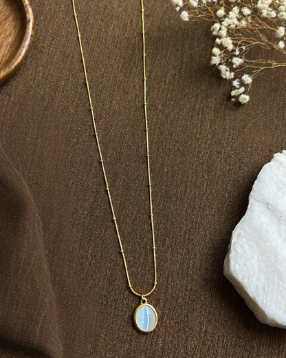 Gold Beaded Chain Necklace with White Opal Pendant
