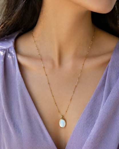 Gold Beaded Chain Necklace with White Opal Pendant