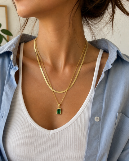 Emerald Green Stone Layered Gold Necklace