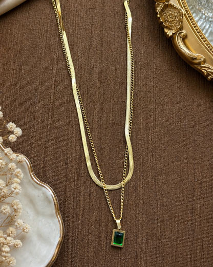 Emerald Green Stone Layered Gold Necklace