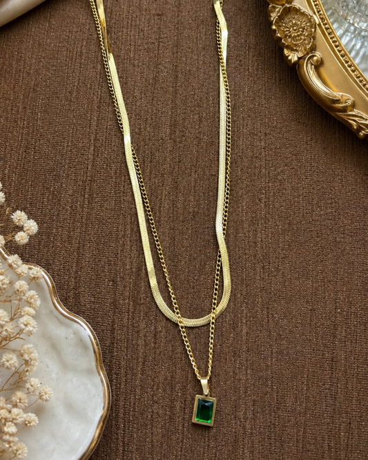 Emerald Green Stone Layered Gold Necklace