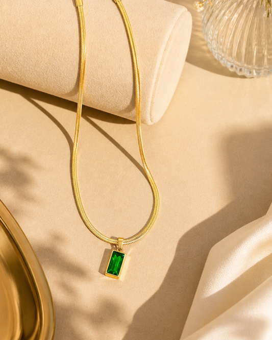 Emerald Glow Rectangle Pendant Necklace