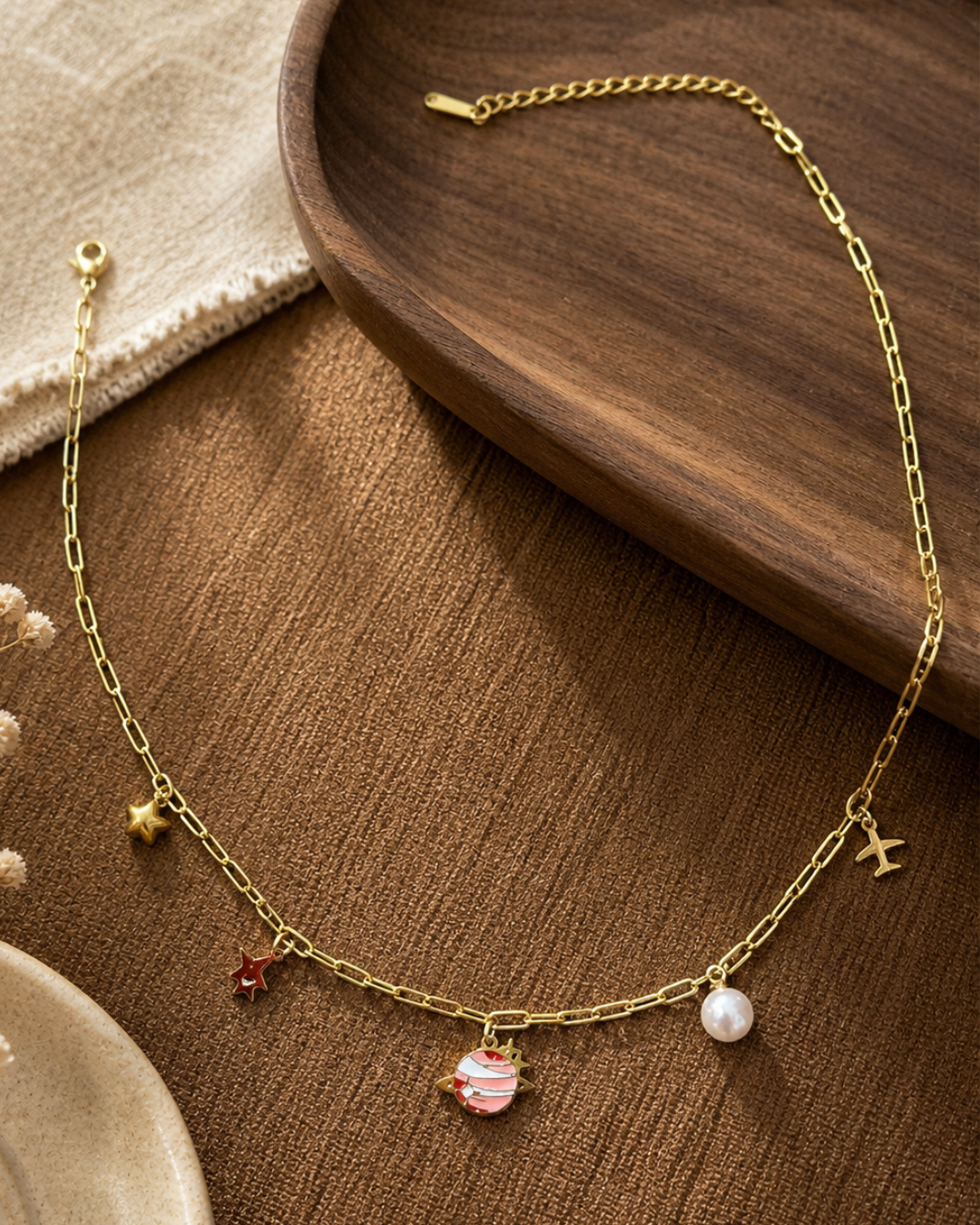 Gold Charm Necklace with Star, Planet & Pearl