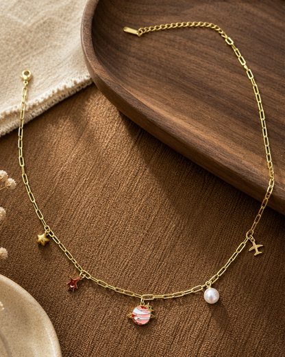 Gold Charm Necklace with Star, Planet & Pearl