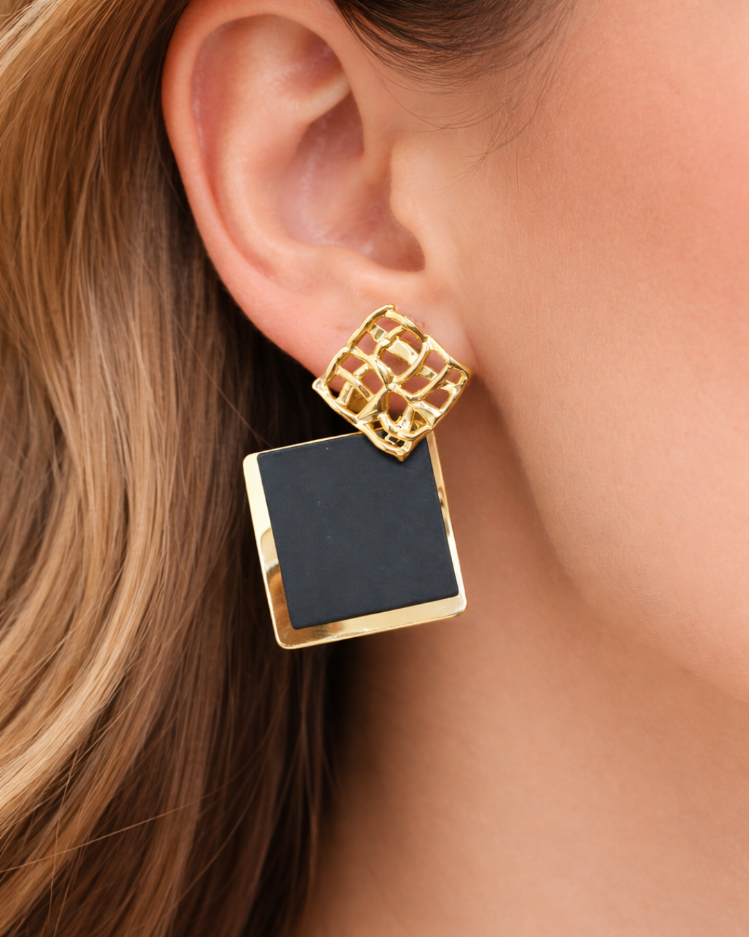 Gold & Black Geometric Drop Earrings for Women