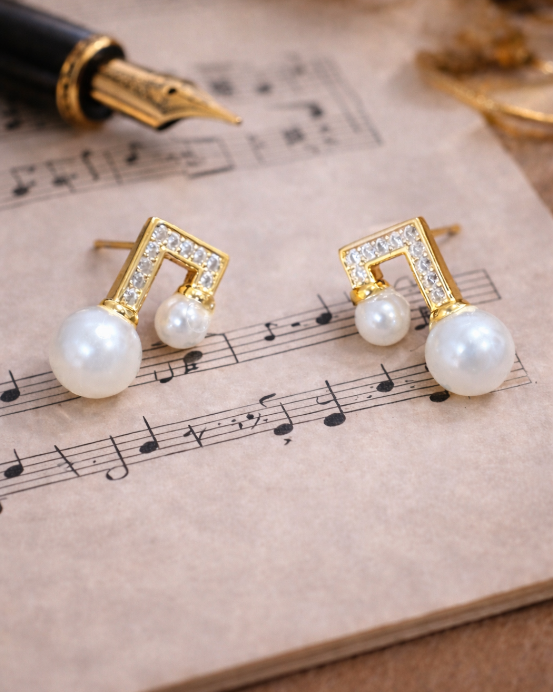 Gold Musical Note Pearl Earrings for Women