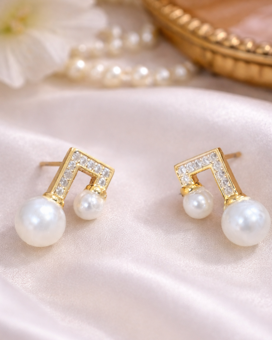 Gold Musical Note Pearl Earrings for Women