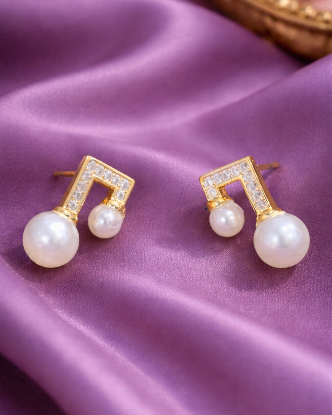 Gold Musical Note Pearl Earrings for Women