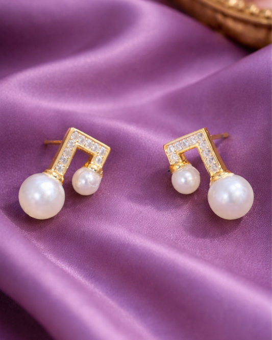 Gold Musical Note Pearl Earrings for Women