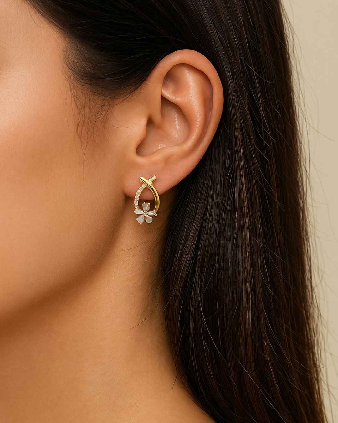 Gold Floral Pearl Drop Earrings