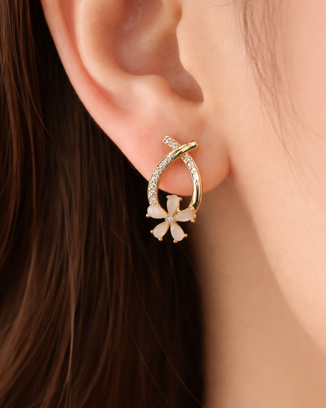 Gold Floral Pearl Drop Earrings