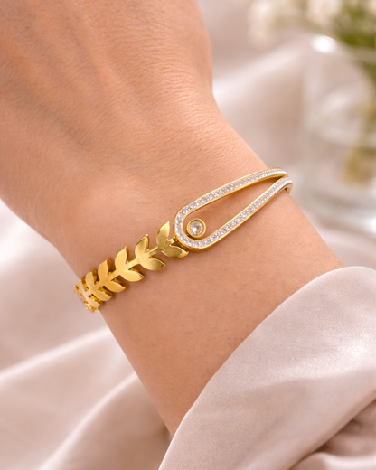 Golden Leaf Luxe Bracelet – Anti Tarnish Diamond Accent Open Cuff