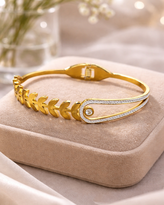 Golden Leaf Luxe Bracelet – Anti Tarnish Diamond Accent Open Cuff